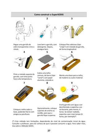 27
Como construir o SuperSODIS
1 2 3
Pegue uma garrafa de
vidro transparente e tire o
rótulo.
Lave bem a garrafa, com
detergente. Depois,
enxágue bem.
Coloque fitas adesivas (tipo
“crepe”) em metade da garrafa,
de forma longitudinal.
4 5 6
Pinte a metade exposta da
garrafa, com tinta preto
fosco alta temperatura.
Cubra uma telha
comum, de barro (tipo
“canal”) com papel
alumínio, colando-o.
Monte uma base para a telha,
de madeira ou outro material.
7 8 9
Coloque a telha sobre a
base, podendo fixá-la com
pregos ou parafusos.
Opcionalmente, coloque
suportes de arame ou
cordão, para que a
garrafa fique suspensa.
Encha garrafa com água a ser
desinfectada e exponha-a ao
sol durante, pelo menos, 4
horas. Se estiver nublado,
exponha-a por mais tempo (6
horas, por exemplo)*.
(*) Este método tem limitações, dependendo do nível de contaminação inicial da água.
Consulte o professor, para ter certeza de que é possível consumir a água. Para saber mais,
leia sobre o Método SODIS.
 