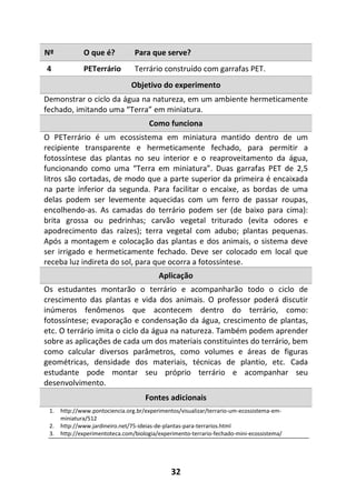 32
Nº O que é? Para que serve?
4 PETerrário Terrário construído com garrafas PET.
Objetivo do experimento
Demonstrar o ciclo da água na natureza, em um ambiente hermeticamente
fechado, imitando uma “Terra” em miniatura.
Como funciona
O PETerrário é um ecossistema em miniatura mantido dentro de um
recipiente transparente e hermeticamente fechado, para permitir a
fotossíntese das plantas no seu interior e o reaproveitamento da água,
funcionando como uma “Terra em miniatura”. Duas garrafas PET de 2,5
litros são cortadas, de modo que a parte superior da primeira é encaixada
na parte inferior da segunda. Para facilitar o encaixe, as bordas de uma
delas podem ser levemente aquecidas com um ferro de passar roupas,
encolhendo-as. As camadas do terrário podem ser (de baixo para cima):
brita grossa ou pedrinhas; carvão vegetal triturado (evita odores e
apodrecimento das raízes); terra vegetal com adubo; plantas pequenas.
Após a montagem e colocação das plantas e dos animais, o sistema deve
ser irrigado e hermeticamente fechado. Deve ser colocado em local que
receba luz indireta do sol, para que ocorra a fotossíntese.
Aplicação
Os estudantes montarão o terrário e acompanharão todo o ciclo de
crescimento das plantas e vida dos animais. O professor poderá discutir
inúmeros fenômenos que acontecem dentro do terrário, como:
fotossíntese; evaporação e condensação da água, crescimento de plantas,
etc. O terrário imita o ciclo da água na natureza. Também podem aprender
sobre as aplicações de cada um dos materiais constituintes do terrário, bem
como calcular diversos parâmetros, como volumes e áreas de figuras
geométricas, densidade dos materiais, técnicas de plantio, etc. Cada
estudante pode montar seu próprio terrário e acompanhar seu
desenvolvimento.
Fontes adicionais
1. http://www.pontociencia.org.br/experimentos/visualizar/terrario-um-ecossistema-em-
miniatura/512
2. http://www.jardineiro.net/75-ideias-de-plantas-para-terrarios.html
3. http://experimentoteca.com/biologia/experimento-terrario-fechado-mini-ecossistema/
 