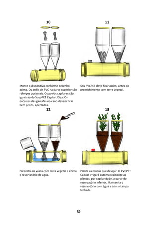 39
10 11
Monte o dispositivo conforme desenho
acima. Os anéis de PVC na parte superior são
reforços opcionais. Os pavios capilares são
iguais ao do VasoPET Capilar. Dica. Os
encaixes das garrafas no cano devem ficar
bem justos, apertados.
Seu PVCPET deve ficar assim, antes do
preenchimento com terra vegetal.
12 13
Preencha os vasos com terra vegetal e encha
o reservatório de água.
Plante as mudas que desejar. O PVCPET
Capilar irrigará automaticamente as
plantas, por capilaridade, a partir do
reservatório inferior. Mantenha o
reservatório com água e com a tampa
fechada!
 