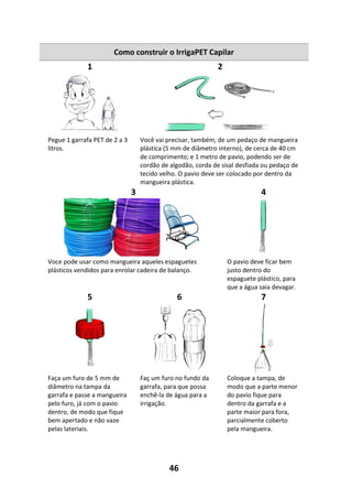 46
Como construir o IrrigaPET Capilar
1 2
Pegue 1 garrafa PET de 2 a 3
litros.
Você vai precisar, também, de um pedaço de mangueira
plástica (5 mm de diâmetro interno), de cerca de 40 cm
de comprimento; e 1 metro de pavio, podendo ser de
cordão de algodão, corda de sisal desfiada ou pedaço de
tecido velho. O pavio deve ser colocado por dentro da
mangueira plástica.
3 4
Voce pode usar como mangueira aqueles espaguetes
plásticos vendidos para enrolar cadeira de balanço.
O pavio deve ficar bem
justo dentro do
espaguete plástico, para
que a água saia devagar.
5 6 7
Faça um furo de 5 mm de
diâmetro na tampa da
garrafa e passe a mangueira
pelo furo, já com o pavio
dentro, de modo que fique
bem apertado e não vaze
pelas lateriais.
Faç um furo no fundo da
garrafa, para que possa
enchê-la de água para a
irrigação.
Coloque a tampa, de
modo que a parte menor
do pavio fique para
dentro da garrafa e a
parte maior para fora,
parcialmente coberto
pela mangueira.
 