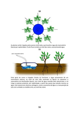 53
10
As plantas serão irrigadas pelos pavios enterrados, que levarão a água do reservatório
(bacia) por capilaridade. O solo ficará úmido ao nível das raízes, economizando água
11
Vista geral de como o Irrigador Estrela irá funcionar: a água proveniente de um
reservatório externo, ao nível do solo (não mostrado na figura) irá abastecer o
reservatório de distribuição (bacia), com nível de água mantido pela válvula-boia, e irá
irrigar as plantas próximas, por capilaridade, a partir dos pavios que estarão imersos na
água. Este sistema tem diversas vantagens, como a economia de água e a manutenção do
solo com umidade na medida certa, ao nível das raízes.
 