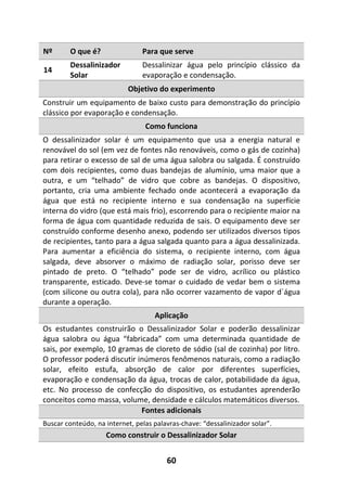 60
Nº O que é? Para que serve
14
Dessalinizador
Solar
Dessalinizar água pelo princípio clássico da
evaporação e condensação.
Objetivo do experimento
Construir um equipamento de baixo custo para demonstração do princípio
clássico por evaporação e condensação.
Como funciona
O dessalinizador solar é um equipamento que usa a energia natural e
renovável do sol (em vez de fontes não renováveis, como o gás de cozinha)
para retirar o excesso de sal de uma água salobra ou salgada. É construído
com dois recipientes, como duas bandejas de alumínio, uma maior que a
outra, e um “telhado” de vidro que cobre as bandejas. O dispositivo,
portanto, cria uma ambiente fechado onde acontecerá a evaporação da
água que está no recipiente interno e sua condensação na superfície
interna do vidro (que está mais frio), escorrendo para o recipiente maior na
forma de água com quantidade reduzida de sais. O equipamento deve ser
construído conforme desenho anexo, podendo ser utilizados diversos tipos
de recipientes, tanto para a água salgada quanto para a água dessalinizada.
Para aumentar a eficiência do sistema, o recipiente interno, com água
salgada, deve absorver o máximo de radiação solar, porisso deve ser
pintado de preto. O “telhado” pode ser de vidro, acrílico ou plástico
transparente, esticado. Deve-se tomar o cuidado de vedar bem o sistema
(com silicone ou outra cola), para não ocorrer vazamento de vapor d´água
durante a operação.
Aplicação
Os estudantes construirão o Dessalinizador Solar e poderão dessalinizar
água salobra ou água “fabricada” com uma determinada quantidade de
sais, por exemplo, 10 gramas de cloreto de sódio (sal de cozinha) por litro.
O professor poderá discutir inúmeros fenômenos naturais, como a radiação
solar, efeito estufa, absorção de calor por diferentes superfícies,
evaporação e condensação da água, trocas de calor, potabilidade da água,
etc. No processo de confecção do dispositivo, os estudantes aprenderão
conceitos como massa, volume, densidade e cálculos matemáticos diversos.
Fontes adicionais
Buscar conteúdo, na internet, pelas palavras-chave: “dessalinizador solar”.
Como construir o Dessalinizador Solar
 