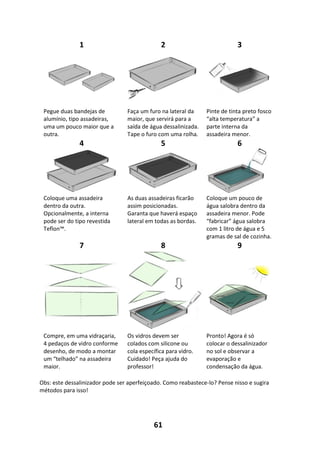 61
1 2 3
Pegue duas bandejas de
alumínio, tipo assadeiras,
uma um pouco maior que a
outra.
Faça um furo na lateral da
maior, que servirá para a
saída de água dessalinizada.
Tape o furo com uma rolha.
Pinte de tinta preto fosco
“alta temperatura” a
parte interna da
assadeira menor.
4 5 6
Coloque uma assadeira
dentro da outra.
Opcionalmente, a interna
pode ser do tipo revestida
Teflon™.
As duas assadeiras ficarão
assim posicionadas.
Garanta que haverá espaço
lateral em todas as bordas.
Coloque um pouco de
água salobra dentro da
assadeira menor. Pode
“fabricar” água salobra
com 1 litro de água e 5
gramas de sal de cozinha.
7 8 9
Compre, em uma vidraçaria,
4 pedaços de vidro conforme
desenho, de modo a montar
um “telhado” na assadeira
maior.
Os vidros devem ser
colados com silicone ou
cola específica para vidro.
Cuidado! Peça ajuda do
professor!
Pronto! Agora é só
colocar o dessalinizador
no sol e observar a
evaporação e
condensação da água.
Obs: este dessalinizador pode ser aperfeiçoado. Como reabastece-lo? Pense nisso e sugira
métodos para isso!
 