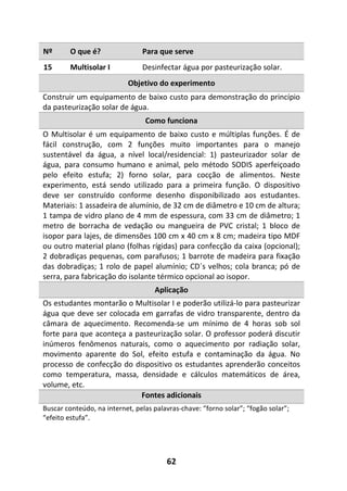 62
Nº O que é? Para que serve
15 Multisolar I Desinfectar água por pasteurização solar.
Objetivo do experimento
Construir um equipamento de baixo custo para demonstração do princípio
da pasteurização solar de água.
Como funciona
O Multisolar é um equipamento de baixo custo e múltiplas funções. É de
fácil construção, com 2 funções muito importantes para o manejo
sustentável da água, a nível local/residencial: 1) pasteurizador solar de
água, para consumo humano e animal, pelo método SODIS aperfeiçoado
pelo efeito estufa; 2) forno solar, para cocção de alimentos. Neste
experimento, está sendo utilizado para a primeira função. O dispositivo
deve ser construído conforme desenho disponibilizado aos estudantes.
Materiais: 1 assadeira de alumínio, de 32 cm de diâmetro e 10 cm de altura;
1 tampa de vidro plano de 4 mm de espessura, com 33 cm de diâmetro; 1
metro de borracha de vedação ou mangueira de PVC cristal; 1 bloco de
isopor para lajes, de dimensões 100 cm x 40 cm x 8 cm; madeira tipo MDF
ou outro material plano (folhas rígidas) para confecção da caixa (opcional);
2 dobradiças pequenas, com parafusos; 1 barrote de madeira para fixação
das dobradiças; 1 rolo de papel alumínio; CD´s velhos; cola branca; pó de
serra, para fabricação do isolante térmico opcional ao isopor.
Aplicação
Os estudantes montarão o Multisolar I e poderão utilizá-lo para pasteurizar
água que deve ser colocada em garrafas de vidro transparente, dentro da
câmara de aquecimento. Recomenda-se um mínimo de 4 horas sob sol
forte para que aconteça a pasteurização solar. O professor poderá discutir
inúmeros fenômenos naturais, como o aquecimento por radiação solar,
movimento aparente do Sol, efeito estufa e contaminação da água. No
processo de confecção do dispositivo os estudantes aprenderão conceitos
como temperatura, massa, densidade e cálculos matemáticos de área,
volume, etc.
Fontes adicionais
Buscar conteúdo, na internet, pelas palavras-chave: “forno solar”; “fogão solar”;
“efeito estufa”.
 