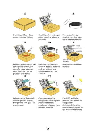 64
10 11 12
O Multisolar I ficará desta
maneira, quando fechado.
Cole CD´s velhos na tampa,
com a superfície refletora
para cima.
Pinte a assadeira de
alumínio com tinta preto
fosco “alta temperatura”.
13 14 15
Preencha a cavidade da caixa
com isolante térmico, por
exemplo, isopor ou pó de
serra misturado com um
pouco de cola branca.
Pressione a assadeira na
cavidade da caixa. Também
pode ser utilizada uma
assadeira revestida com
Teflon™.
O Multisolar I ficará desta
maneira!
16 17 18
Coloque dentro da assadeira
algumas garrafas de vidro
transparente com água a ser
desinfectada.
Coloque uma anel de
vedação feito de mangueira
plástica na borda da
assadeira e coloque o vidro,
vedando a câmara.
Pronto! O Multisolar I
pode ser colocado no sol
e a água será
desinfectada. Funciona
como o método SODIS, só
que muito incrementado!
 