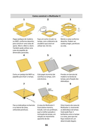 66
Como construir o Multisolar II
1 2 3
Pegue pedaços de madeira
ou MDF, conforme desenho,
para construir uma caixa de
aprox. 40cm x 40cm x 16cm.
Também pode utilizar uma
caixa de papelão de
dimensões parecidas.
Faça um corte circular na
tampa, com o diâmetro da
assadeira que você vai
utilizar (ex: 32 cm).
Monte a caixa conforme
desenho. Podem ser
usados pregos, parafusos
ou cola.
4 5 6
Corte um pedaço de MDF ou
papelão para fazer a tampa.
Cole papel alumínio (de
cozinha) na tampa, com
cola branca.
Prenda um barrote de
madeira na borda da
tampa, para fixação das
dobradiças.
7 8 9
Fixe as dobradiças no barrote
e na lateral da caixa,
utilizando parafusos.
A caixa do Multisolar II
ficará desta maneira.
Estude, com seu professor,
qual a melhor posição e
inclinação da tampa, em
relação ao movimento
aparente do Sol.
Vista traseira da caixa do
Multisolar II, mostrando
as dobradiças da tampa.
Você pode fixar 2
barbantes entre a tampa
e a caixa, para que ela
fique estável em um
determinado ângulo.
 