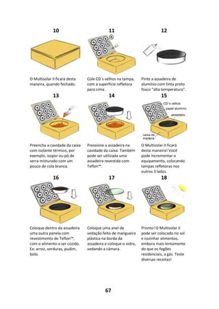 67
10 11 12
O Multisolar II ficará desta
maneira, quando fechado.
Cole CD´s velhos na tampa,
com a superfície refletora
para cima.
Pinte a assadeira de
alumínio com tinta preto
fosco “alta temperatura”.
13 14 15
Preencha a cavidade da caixa
com isolante térmico, por
exemplo, isopor ou pó de
serra misturado com um
pouco de cola branca.
Pressione a assadeira na
cavidade da caixa. Também
pode ser utilizada uma
assadeira revestida com
Teflon™.
O Multisolar II ficará
desta maneira! Você
pode incrementar o
equipamento, colocando
tampas refletoras nos
outros 3 lados.
16 17 18
Coloque dentro da assadeira
uma outra panela com
revestimento de Teflon™,
com o alimento a ser cozido.
Ex: arroz, verduras, pudim,
bolo.
Coloque uma anel de
vedação feito de mangueira
plástica na borda da
assadeira e coloque o vidro,
vedando a câmara.
Pronto! O Multisolar II
pode ser colocado no sol
e cozinhar alimentos,
embora mais lentamente
do que os fogões
residenciais, a gás. Teste
diversas receitas!
 