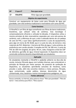 68
Nº O que é? Para que serve
17 FiltroPVC Filtrar água por gravidade.
Objetivo do experimento
Construir um equipamento de baixo custo para filtração de água por
gravidade, com vela cerâmica tradicional e reservatório com canos de PVC.
Como funciona
O FiltroPVC é um filtro de água semelhante aos filtros de barro tradicionais,
brasileiros, que utilizam velas de cerâmica. Esta tecnologia é
comprovadamente eficiente e utilizada há décadas. O dispositivo utiliza o
mesmo princípio de dois reservatórios separados por uma vela porosa de
cerâmica, com a diferença de que a vela é colocada dentro de um pedaço
de cano de PVC, o que reduz significativamente o custo do equipamento,
para algo em torno de R$ 30,00, que é o custo da vela, da torneira e dos
materiais de PVC. Materiais: 1 torneira de filtro de água; 1 vela cerâmica, de
preferência com carvão ativado; 2 tampões de PVC, de 100 mm; 2 canos de
PVC de 100 mm (esgoto), de aprox. 40 cm, cada; mangueira cristal de 3/8”
de diâmetro; garrafão de água mineral (opcional). O dispositivo deve ser
construído conforme desenho disponibilizado aos estudantes.
Aplicação
Os estudantes montarão o FiltroPVC e poderão utilizá-lo no dia-a-dia da
escola, inclusive filtrando águas com turbidez diversas, para entenderem o
princípio da filtração por meios porosos. No processo de confecção do
dispositivo, os estudantes aprenderão conceitos de mecânica, como
pressão e vazão, além dos conceitos relativos a meios porosos, filtração,
água contaminada, saúde pública, doenças decorrentes da água
contaminada, vírus, bactérias e outros microorganismos patógenos, etc.
Fontes adicionais
Buscar conteúdo, na internet, pelas palavras-chave: “filtro por gravidade”; “filtro de
barro”; “vela cerâmica para filtro”; “filtro caseiro”.
 