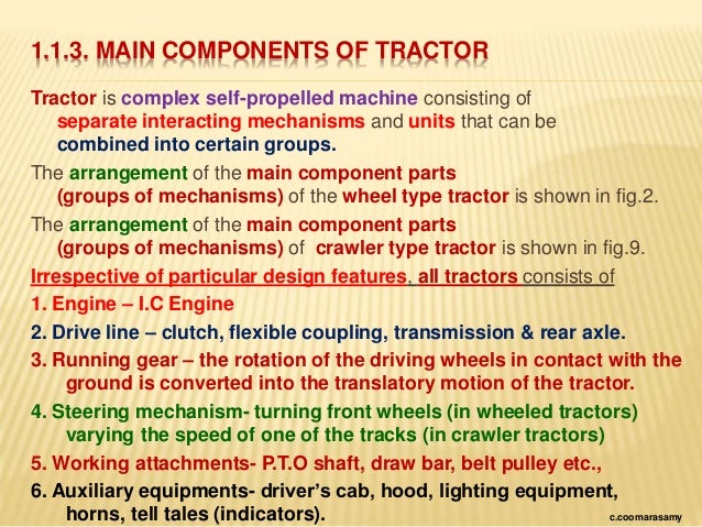 parts of a tractor and their functions pdf
