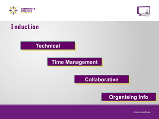 TechnicalTechnical
Time ManagementTime Management
CollaborativeCollaborative
Organising InfoOrganising Info
I nduction
 