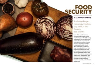 & CLIMATE CHANGE
As climate change
increasingly threatens
crop yields, it also
threatens
food security.
Some of the most fundamental
effects of climate change are the
negative impacts on food. Changing
temperatures, unpredictable rainfall
patterns, shorter and more erratic
growing seasons, and an increased
frequency of extreme events like
droughts and floods all directly
affect productivity of traditional
crops, livestock and fisheries. Many
food producers around the world,
particularly in developing countries,
are rural smallholder farmers, often
women. These farmers are dependent
on agricultural production for both
subsistence and income generation.
As climate change increasingly
threatens crop yields, it also threatens
food security.
Adaptive Farms Resilient Table	 7
FOOD
SECURITY
 
