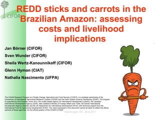REDD sticks and carrots in the Brazilian Amazon: assessing costs and livelihood implications  Washington DC, 26.8.2011 Jan B örner (CIFOR) Sven Wunder (CIFOR) Sheila Wertz-Kanounnikoff (CIFOR) Glenn Hyman (CIAT) Nathalia Nascimento (UFPA) The CGIAR Research Program on Climate Change, Agriculture and Food Security (CCAFS), is a strategic partnership of the Consortium of International Agricultural Research Centers (CGIAR) and the Earth System Science Partnership (ESSP). The program is supported by the European Union (EU), the United States Agency for International Development (USAID), the Canadian International Development Agency (CIDA), New Zealand’s Ministry of Foreign Affairs and Trade, the Danish International Development Agency (Danida) and the UK Department for International Development (DFID), with technical support from the International Fund for Agricultural Development (IFAD). The views expressed in this document cannot be taken to reflect the official opinions of these agencies, nor the official position of the CGIAR or ESSP.  