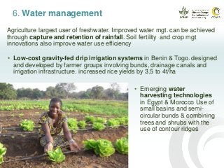 6. Water management
• Low-cost gravity-fed drip irrigation systems in Benin & Togo. designed
and developed by farmer groups involving bunds, drainage canals and
irrigation infrastructure. increased rice yields by 3.5 to 4t/ha
Agriculture largest user of freshwater. Improved water mgt. can be achieved
through capture and retention of rainfall. Soil fertility and crop mgt
innovations also improve water use efficiency
• Emerging water
harvesting technologies
in Egypt & Morocco Use of
small basins and semi-
circular bunds & combining
trees and shrubs with the
use of contour ridges
 