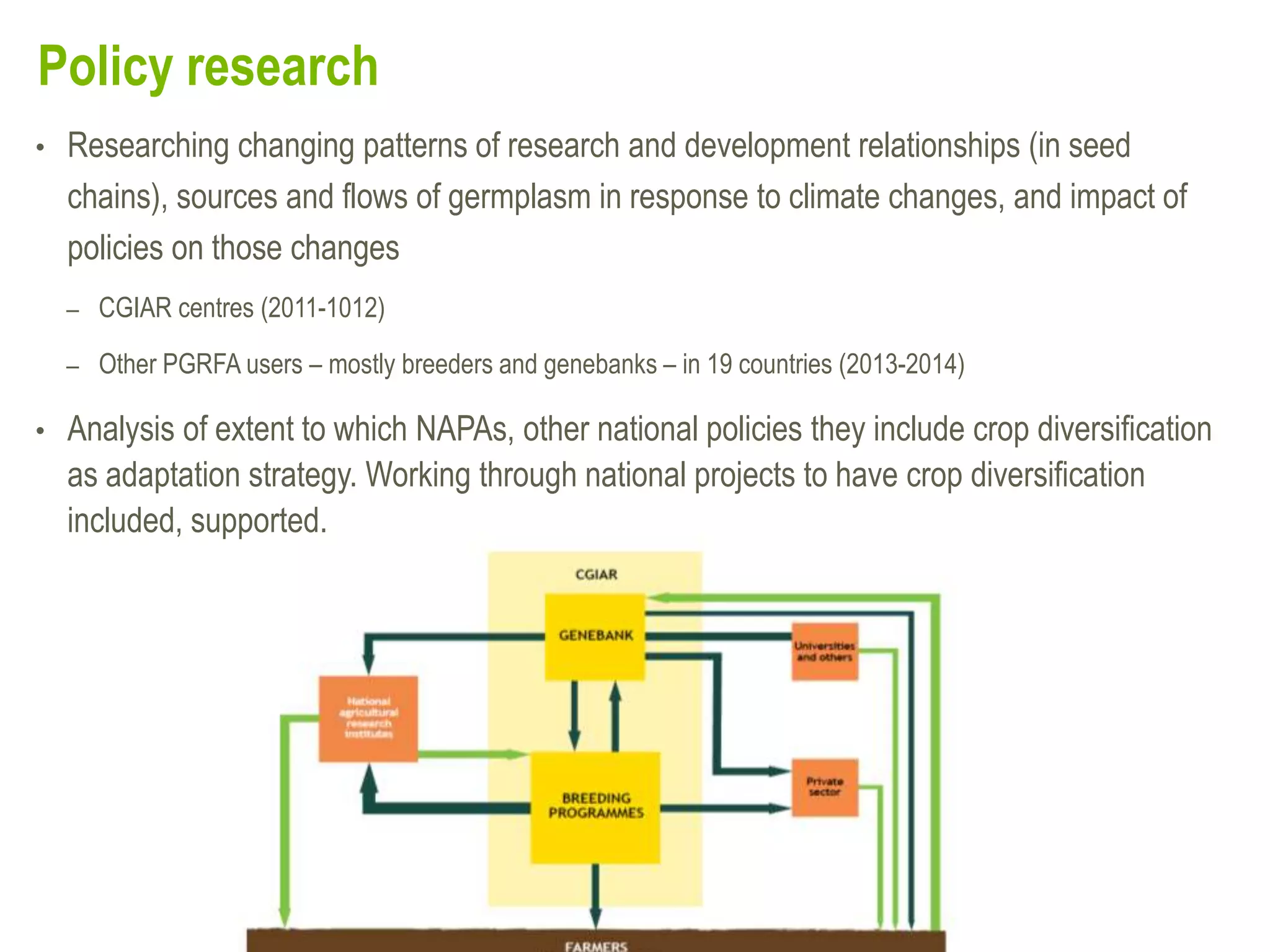 • Researching changing patterns of research and development relationships (in seed
chains), sources and flows of germplasm in response to climate changes, and impact of
policies on those changes
– CGIAR centres (2011-1012)
– Other PGRFA users – mostly breeders and genebanks – in 19 countries (2013-2014)
• Analysis of extent to which NAPAs, other national policies they include crop diversification
as adaptation strategy. Working through national projects to have crop diversification
included, supported.
Policy research
 