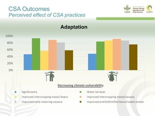 0%
20%
40%
60%
80%
100%
Male Female
Decreasing climate vulnerability
CSA Outcomes
Perceived effect of CSA practices
Adaptation
 