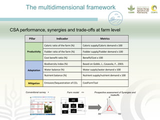 Pillar Indicador Metrics
Productivity
Caloric ratio of the farm (%) Caloric supply/Caloric demand x 100
Fodder ratio of the farm (%) Fodder supply/Fodder demand x 100
Cost benefit ratio (%) Benefit/Cost x 100
Adaptation
Biodiversity index (%) Based on Gobbi, J., Casasola, F., 2003.
Water balance (%) Water supply/water demand x 100
Nutrient balance (%) Nutrient supply/nutrient demand x 100
Mitigation Emission/Sequestration of CO2 CoolFarmTool
The multidimensional framework
CSA performance, synergies and trade-offs at farm level
Prospective assessment of Synergies and
tradeoffs
-5
-3
0
3
5
8
10
P
AdAtt
Conventional survey + Farm model =>
 