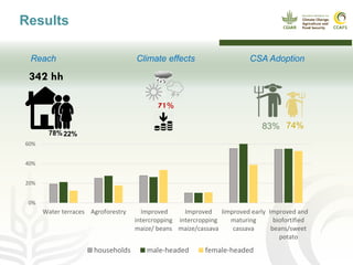 Results
78% 22%
342 hh
71%
83% 74%
0%
20%
40%
60%
Water terraces Agroforestry Improved
intercropping
maize/ beans
Improved
intercropping
maize/cassava
Iimproved early
maturing
cassava
Improved and
biofortified
beans/sweet
potato
households male-headed female-headed
Reach Climate effects CSA Adoption
 