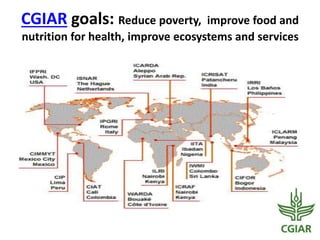 CGIAR goals: Reduce poverty, improve food and
nutrition for health, improve ecosystems and services
 