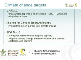 Climate change targets
• UNFCCC
 “measurable, reportable and verifiable” (MRV) – GHGs and
adaptation actions
• Alliance for Climate Smart Agriculture
 Protect 500 million farmers from climate change
• SDG No 13
 Strengthen resilience and adaptive capacity
 Integrate climate change measures into national policies,
strategies, and planning
 • Building farmer resilience
• Emissions reductions
 
