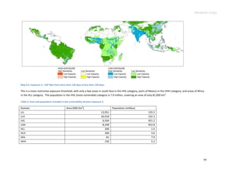 Advance Copy




Map 4.5. Exposure 2: LGP flips from more than 120 days to less than 120 days.

This is a more restrictive exposure threshold, with only a few areas in south Asia in the HHL category, parts of Mexico in the HHH category, and areas of Africa
                                                                                                                               2
in the HLL category. The population in the HHL (most vulnerable) category is 7.9 million, covering an area of only 81,000 km

Table 4. Area and population included in the vulnerability domain exposure 2
                                                        2
Domain                                    Area (000 Km )                          Population (million)
LLL                                                                      13,951                                155.5
LLH                                                                      26,018                                232.3
LHL                                                                       6,504                                451.2
LHH                                                                       8,248                                452.8
HLL                                                                         206                                  1.4
HLH                                                                         284                                  3.0
HHL                                                                          81                                  7.9
HHH                                                                         150                                  5.2




                                                                                                                                                               54
 