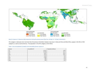 Advance Copy




Map 4.8. Exposure 5: Maximum daily temperature during the growing season flips from <30 deg C to > 30 deg C (threshold 5).

This category is obviously more restrictive than the previous thresholds. However new areas in India and China and West Africa, appear in the HHL or HHH
categories, as well as Central America. The population in the HHL category is 55.8 million.

Table 7. Area and population included in the vulnerability domain exposure 5

Domain                                    Area (000 Km2)                            Population (millions)
LLL                                                                        12,531                                    140.3
LLH                                                                        24,704                                    221.7
LHL                                                                         5,697                                    403.2
LHH                                                                         7,873                                    426.1
HLL                                                                         1,626                                     16.6
HLH                                                                         1,598                                     13.6
HHL                                                                           888                                     55.8
HHH                                                                           525                                     31.9




                                                                                                                                                           57
 