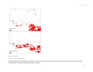 Advance Copy




Map 5.15. Tmax flip.

Map 5.16. Tmax growing season flip.

Thresholds 4 (Map 5.15) and 5 (Map 5.16). Threshold 5 is common in the southern parts of the region, along the coast, much of Cameroon and the Central
African Republic. Note that this overlaps with intensive cropping.

                                                                                                                                                         71
 