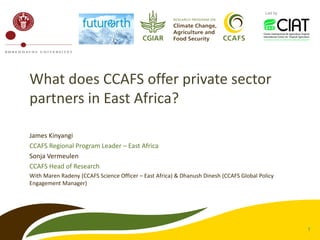1 
Led by 
What does CCAFS offer private sector partners in East Africa? 
James Kinyangi 
CCAFS Regional Program Leader – East Africa 
Sonja Vermeulen 
CCAFS Head of Research 
With Maren Radeny (CCAFS Science Officer – East Africa) & Dhanush Dinesh (CCAFS Global Policy Engagement Manager)  