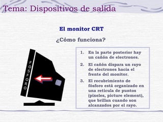 Tema: Dispositivos de salida

              El monitor CRT

             ¿Cómo funciona?

                    1.   En la parte posterior hay
                         un cañón de electrones.
         F
        O
                    2.   El cañón dispara un rayo
       S                 de electrones hacia el
       F                 frente del monitor.
      O             3.   El recubrimiento de
     R
     O
                         fósforo está organizado en
                         una retícula de puntos
                         (pixeles, picture element),
                         que brillan cuando son
                         alcanzados por el rayo.
 