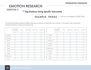 28 © Motivation Engineers
EMOTION RESEARCH
EXPERIMENTAL PARADIGMS
EXERCISE 2
Tag Emotions Using Specific Instruments
Positive and Negative Affect ScaleE X A M P L E : PA N A S
The words listed below describe different feelings and emotions. Read each item and then, in the space next to that word,
indicate the extent to which you feel that way.
Very slightly
or not at all
A little Moderately Quite a bit Extremely
1 2 3 4 5
Interested
Distressed
Excited
Upset
Strong
Guilty
Scared
Hostile
Enthusiastic
Proud
Very slightly
or not at all
A little Moderately Quite a bit Extremely
1 2 3 4 5
Irritable
Alert
Ashamed
Inspired
Nervous
Determined
Attentive
Jittery
Active
Afraid
 
