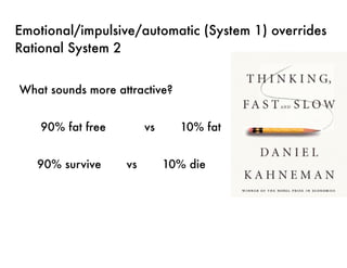 Emotional/impulsive/automatic (System 1) overrides
Rational System 2
What sounds more attractive?
	 90% fat free 	 	 vs 		 10% fat
	 90% survive	 	 vs 		 10% die
 