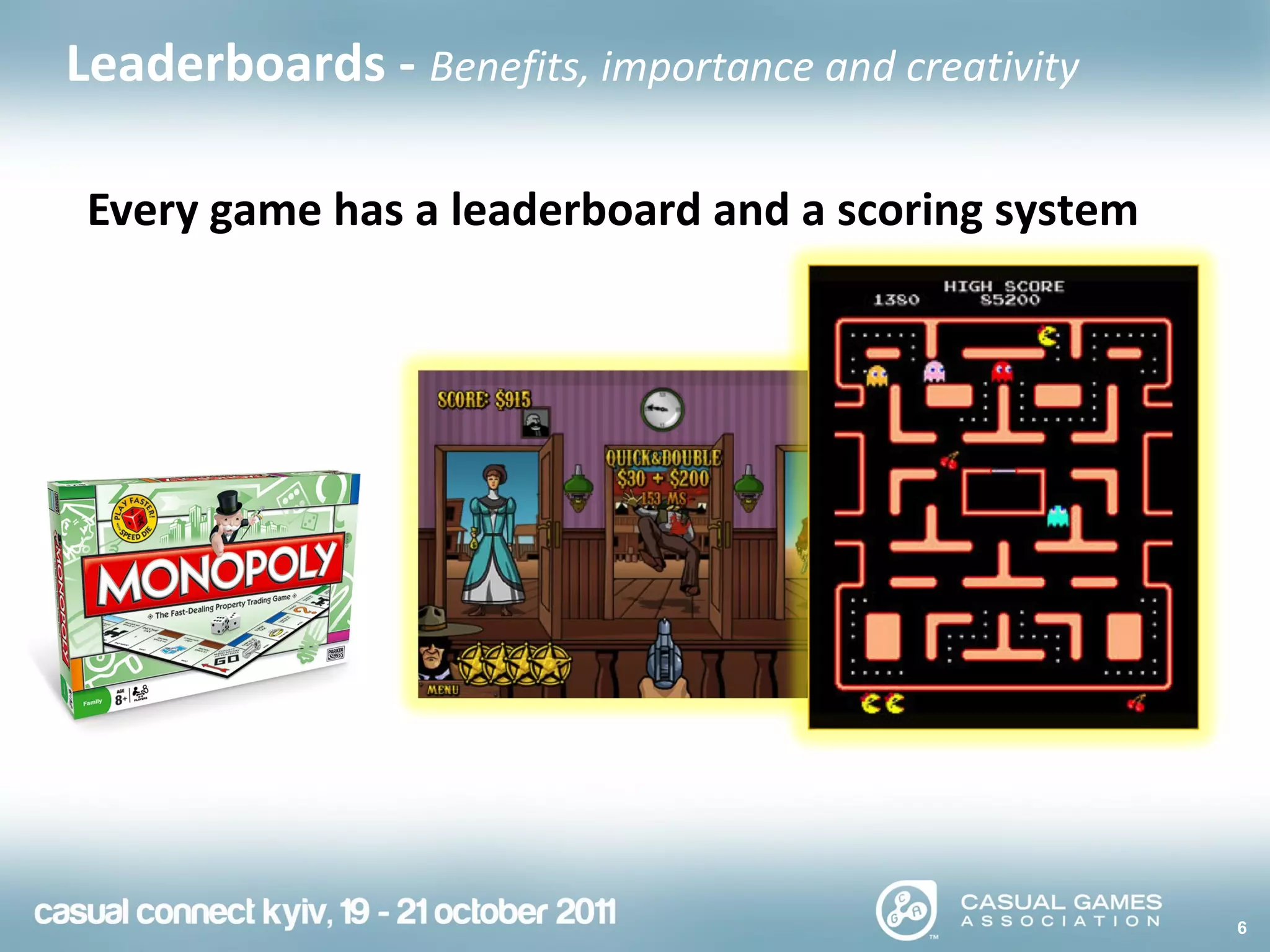 Every game has a leaderboard and a scoring system
6
Leaderboards - Benefits, importance and creativity
 