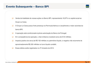 Evento Subsequente – Banco BPI
Venda da totalidade de nossas ações no Banco BPI, representando 18,87% no capital social ao
Grupo La Caixa;
O Grupo La Caixa possui forte presença na Península Ibérica e é atualmente o maior acionista do
banco BPI;
A operação está condicionada à prévia autorização do Banco de Portugal;
Pág. 20Itaú Unibanco Holding S.A.
A operação está condicionada à prévia autorização do Banco de Portugal;
Em conseqüência da operação, o Itaú Unibanco receberá cerca de € 93 milhões;
Impacto positivo de cerca de R$ 100 milhões no patrimônio líquido, e negativo não recorrente de
aproximadamente R$ 200 milhões no lucro líquido contábil;
Esses efeitos serão registrados no 2º trimestre de 2012.
 