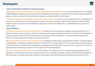 Pág. 3Itaú Unibanco Holding S.A.
Destaques
4. Índice de Inadimplência e Créditos de Liquidação Duvidosa:
As despesas com provisão para créditos de liquidação duvidosa alcançaram R$ 4,97 bilhões no terceiro trimestre de 2011, com redução
de R$136 milhões em relação ao período anterior, devido, principalmente, à antecipação no provisionamento pelo modelo de perda esperada nos
períodos anteriores e ao atual nível de provisão total considerando a evolução do perfil de risco da carteira.
O índice de inadimplência total superior a 90 dias subiu 0,2 ponto percentual, para 4,7% em 30 de setembro de 2011. A inadimplência de
curto prazo (31 a 90 dias) recuou 0,1 ponto percentual no trimestre, para 2,6% da carteira de crédito. Se desconsiderado o efeito da variação
cambial na carteira de crédito, o índice de inadimplência total superior a 90 dias teria atingido 4,8% e a inadimplência de curto prazo teria se
mantido estável.
5. Índice de Eficiência:
O índice de eficiência do terceiro trimestre atingiu 47,5%, redução de 0,8 ponto percentual em relação ao segundo trimestre de 2011. A
melhora no trimestre ocorreu em função do aumento de receitas em 6,6%, enquanto as despesas cresceram 5,7%. Esses 47,5% representam 3,1
pontos percentuais de melhora sobre os 50,6% do terceiro trimestre de 2010. No acumulado do ano, o índice de eficiência alcançou 47,8%,
melhora de 0,3 ponto percentual em relação ao mesmo período de 2010.
As despesas não decorrentes de juros aumentaram 5,7% em relação ao trimestre anterior, alcançando R$ 8,4 bilhões, confirmando trajetória
de desaceleração. As despesas de pessoal cresceram R$ 135 milhões (4,1%) em comparação ao 2ºT/11, já considerando as provisões relativas
à Convenção Coletiva de Trabalho de 9% e que afetaram nossas despesas em R$ 164 milhões. Em bases anuais, nos primeiros nove meses as
despesas não decorrentes de juros cresceram 12,5% e seguem em ritmo de desaceleração.
As receitas cresceram menos do que o esperado no acumulado do ano, totalizando 12,5% de crescimento sobre igual período de 2010. A
alteração no mix de crédito de nossa carteira e o crescimento menor que o esperado na prestação de serviços e tarifas bancárias respondem por
parte desse efeito. As menores receitas sobre créditos em atraso também foram determinantes para a desaceleração das receitas em 2011.
 
