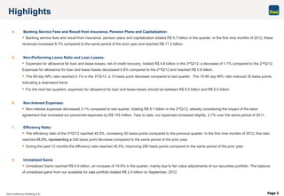 Page 3
4. Banking Service Fees and Result from Insurance, Pension Plans and Capitalization:
 Banking service fees and result from insurance, pension plans and capitalization totaled R$ 5.7 billion in the quarter. In the first nine months of 2012, these
revenues increased 8.7% compared to the same period of the prior year and reached R$ 17.2 billion.
5. Non-Performing Loans Ratio and Loan Losses:
 Expenses for allowance for loan and lease losses, net of credit recovery, totaled R$ 4.8 billion in the 3rdQ/12, a decrease of 1.7% compared to the 2ndQ/12.
Expenses for allowance for loan and lease losses decreased 0.8% compared to the 2ndQ/12 and reached R$ 5.9 billion.
 The 90-day NPL ratio reached 5.1% in the 3rdQ/12, a 10 basis point decrease compared to last quarter. The 15-90 day NPL ratio reduced 30 basis points,
indicating a downward trend.
 For the next two quarters, expenses for allowance for loan and lease losses should be between R$ 5.5 billion and R$ 6.0 billion.
6. Non-Interest Expenses:
 Non-interest expenses decreased 3.1% compared to last quarter, totaling R$ 8.1 billion in the 3rdQ/12, already considering the impact of the labor
agreement that increased our personnel expenses by R$ 145 million. Year to date, our expenses increased slightly, 2.7% over the same period of 2011.
7. Efficiency Ratio:
 The efficiency ratio of the 3rdQ/12 reached 45.5%, increasing 50 basis points compared to the previous quarter. In the first nine months of 2012, this ratio
reached 45.0%, representing a 240 basis point decrease compared to the same period of the prior year.
 During the past 12 months the efficiency ratio reached 45.5%, improving 290 basis points compared to the same period of the prior year.
8. Unrealized Gains
 Unrealized Gains reached R$ 6.9 billion, an increase of 19.9% in the quarter, mainly due to fair value adjustments of our securities portfolio. The balance
of unrealized gains from our available for sale portfolio totaled R$ 2.4 billion on September, 2012.
Highlights
 