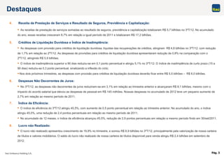 Pág. 3
Destaques
4. Receita de Prestação de Serviços e Resultado de Seguros, Previdência e Capitalização:
 As receitas de prestação de serviços somadas ao resultado de seguros, previdência e capitalização totalizaram R$ 5,7 bilhões no 3ºT/12. No acumulado
do ano, essas receitas cresceram 8,7% em relação a igual período de 2011 e totalizaram R$ 17,2 bilhões.
5. Créditos de Liquidação Duvidosa e Índice de Inadimplência:
 As despesas com provisão para créditos de liquidação duvidosa, líquidas das recuperações de créditos, atingiram R$ 4,8 bilhões no 3ºT/12, com redução
de 1,7% em relação ao 2ºT/12. As despesas de provisões para créditos de liquidação duvidosa apresentaram redução de 0,8% na comparação com o
2ºT/12, atingindo R$ 5,9 bilhões;
 O índice de inadimplência superior a 90 dias reduziu-se em 0,1 ponto percentual e atingiu 5,1% no 3ºT/12. O índice de inadimplência de curto prazo (15 a
90 dias) reduziu-se 0,3 ponto percentual, sinalizando a inflexão do ciclo;
Nos dois próximos trimestres, as despesas com provisão para créditos de liquidação duvidosa deverão ficar entre R$ 5,5 bilhões – R$ 6,0 bilhões.
6. Despesas Não Decorrentes de Juros:
 No 3ºT/12, as despesas não decorrentes de juros reduziram-se em 3,1% em relação ao trimestre anterior e alcançaram R$ 8,1 bilhões, mesmo com o
impacto do acordo salarial que elevou as despesas de pessoal em R$ 145 milhões. Nossas despesas no acumulado de 2012 teve um pequeno aumento de
2,7% em relação ao mesmo período de 2011.
7. Índice de Eficiência:
 O índice de eficiência do 3ºT/12 atingiu 45,5%, com aumento de 0,5 ponto percentual em relação ao trimestre anterior. No acumulado do ano, o índice
atingiu 45,0%, uma redução de 2,4 pontos percentuais em relação ao mesmo período de 2011;
 No acumulado de 12 meses, o índice de eficiência alcançou 45,5%, redução de 2,9 pontos percentuais em relação a mesmo período findo em 30/set/2011.
8. Lucro não Realizado:
 O lucro não realizado apresentou crescimento de 19,9% no trimestre, e somou R$ 6,9 bilhões no 3ºT/12, principalmente pela valorização de nossa carteira
de títulos e valores mobiliários. O saldo do lucro não realizado de nossa carteira de títulos disponível para venda atingiu R$ 2,4 bilhões em setembro de
2012.
 