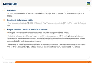Destaques
1. Resultados:
 O lucro líquido recorrente alcançou R$ 3,7 bilhões no 4ºT/11 (ROE de 21,8%) e R$ 14,6 bilhões no ano (ROE de
22 3%)22,3%).
2. Crescimento da Carteira de Crédito:
 A carteira de crédito atingiu R$ 397,0 bilhões em 31/dez/11, com crescimento de 3,9% no 4ºT/11 e de 19,1% sobreg $ , , , ,
2010.
3. Margem Financeira e Receita de Prestação de Serviços:
 A Margem Financeira com Clientes cresceu 14,5% em 2011, alcançando R$ 45,8 bilhões;
 A Net Interest Margin com Clientes reduziu-se em 0,7 ponto percentual no 4ºT/11 em função da ampliação das
captações com clientes e redução da Selic. O spread sobre operações de crédito manteve-se praticamente estável
com redução de 0,2 ponto percentual no trimestre;
 As Receitas de prestação de serviços somadas ao Resultado de Seguros, Previdência e Capitalização avançaram
7 4% no 4ºT/11 totalizando R$ 5 9 bilhões No ano o crescimento foi de 13 3% totalizando R$ 21 8 bilhões7,4% no 4 T/11, totalizando R$ 5,9 bilhões. No ano, o crescimento foi de 13,3%, totalizando R$ 21,8 bilhões.
Pág. 2Itaú Unibanco Holding S.A.
 