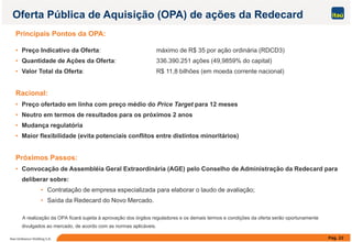 Oferta Pública de Aquisição (OPA) de ações da Redecard
Principais Pontos da OPA:
• Preço Indicativo da Oferta: máximo de R$ 35 por ação ordinária (RDCD3)
• Quantidade de Ações da Oferta: 336 390 251 ações (49 9859% do capital)• Quantidade de Ações da Oferta: 336.390.251 ações (49,9859% do capital)
• Valor Total da Oferta: R$ 11,8 bilhões (em moeda corrente nacional)
R i lRacional:
• Preço ofertado em linha com preço médio do Price Target para 12 meses
• Neutro em termos de resultados para os próximos 2 anos
• Mudança regulatória
• Maior flexibilidade (evita potenciais conflitos entre distintos minoritários)
Próximos Passos:
• Convocação de Assembléia Geral Extraordinária (AGE) pelo Conselho de Administração da Redecard para
deliberar sobre:deliberar sobre:
• Contratação de empresa especializada para elaborar o laudo de avaliação;
• Saída da Redecard do Novo Mercado.
Pág. 22Itaú Unibanco Holding S.A.
A realização da OPA ficará sujeita à aprovação dos órgãos reguladores e os demais termos e condições da oferta serão oportunamente
divulgados ao mercado, de acordo com as normas aplicáveis.
 