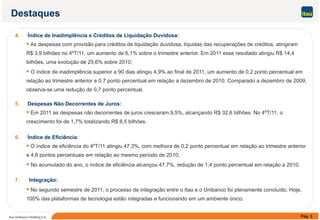 Destaques
4. Índice de Inadimplência e Créditos de Liquidação Duvidosa:
 As despesas com provisão para créditos de liquidação duvidosa, líquidas das recuperações de créditos, atingiram
R$ 3,9 bilhões no 4ºT/11, um aumento de 6,1% sobre o trimestre anterior. Em 2011 esse resultado atingiu R$ 14,4$ , , , g $ ,
bilhões, uma evolução de 25,6% sobre 2010;
 O índice de inadimplência superior a 90 dias atingiu 4,9% ao final de 2011, um aumento de 0,2 ponto percentual em
relação ao trimestre anterior e 0,7 ponto percentual em relação a dezembro de 2010. Comparado a dezembro de 2009,e ação ao es e a e o e 0, po o pe ce ua e e ação a de e b o de 0 0 Co pa ado a de e b o de 009,
observa-se uma redução de 0,7 ponto percentual.
5. Despesas Não Decorrentes de Juros:
 Em 2011 as despesas não decorrentes de juros cresceram 9,5%, alcançando R$ 32,6 bilhões. No 4ºT/11, o
crescimento foi de 1,7% totalizando R$ 8,5 bilhões.
6 Índice de Eficiência:6. Índice de Eficiência:
 O índice de eficiência do 4ºT/11 atingiu 47,3%, com melhora de 0,2 ponto percentual em relação ao trimestre anterior
e 4,6 pontos percentuais em relação ao mesmo período de 2010;
 No acumulado do ano o índice de eficiência alcançou 47 7% redução de 1 4 ponto percentual em relação a 2010 No acumulado do ano, o índice de eficiência alcançou 47,7%, redução de 1,4 ponto percentual em relação a 2010.
7. Integração:
 No segundo semestre de 2011, o processo de integração entre o Itaú e o Unibanco foi plenamente concluído. Hoje,
Pág. 3Itaú Unibanco Holding S.A.
g , p g ç p j ,
100% das plataformas de tecnologia estão integradas e funcionando em um ambiente único.
 
