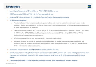 Itaú Unibanco Holding S.A.
Destaques
 Lucro Líquido Recorrente de R$ 3,5 bilhões no 4ºT/12 e R$ 14,0 bilhões no ano.
 ROE Recorrente de 19,3% no 4ºT/12 e de 19,4% no acumulado do ano.
 Atingimos R$ 1 trilhão de Ativos e R$ 1,4 trilhão de Recursos Próprios, Captados e Administrados.
 2012 foi um ano desafiador:
 Pressão na Margem Financeira impactada pela queda na Selic, pela mudança que implementamos em nosso mix de
produtos e clientes (em direção a um portfólio de menor risco) e pela redução do caixa em virtude da operação de aquisição
de ações dos minoritários da Redecard.
 O NPL 90 apresentou melhora de 0,3 p.p. em relação ao 3ºT/12, invertendo a tendência e fechando o ano em 4,8%, abaixo
do 4ºT/11 (4,9%). O NPL 15-90 cedeu 0,6 ponto percentual comparado ao 3ºT/12 e atingiu 3,6% (4,4% no 4ºT/11),
sinalizando melhora para os próximos trimestres.
 A PDD reduziu-se ao final do ano, acompanhando a melhora da inadimplência.
 Buscamos eficiência no controle de despesas, compensando parte da pressão exercida pelo baixo crescimento das
receitas. O índice de eficiência, no conceito cheio (que inclui todas as despesas), atingiu 45,4% em 2012, ante 47,3% em
2011, o melhor dentre os bancos brasileiros.
 Anunciamos investimentos em TI de R$ 10,4 bilhões para os próximos três anos.
 Constituímos uma nova instituição financeira em sociedade com o banco BMG, em linha com a nossa estratégia de menores riscos
e spreads, com rentabilidade atraente. Em dois anos, pretendemos atingir cerca de R$ 12 bilhões de carteira e 3 milhões de
clientes.
 Concluímos com sucesso a OPA da Redecard, adquirindo 100% das ações dos minoritários por R$ 11,8 bilhões.
 