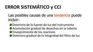 ERROR SISTEMÁTICO y CCI
Deterioro de la fuente de luz del instrumento
Acumulación gradual de desechos en la tubería
Envejecimiento de los reactivos
Deterioro gradual de la integridad del filtro de luz
Las posibles causas de una tendencia puede
incluir:
 