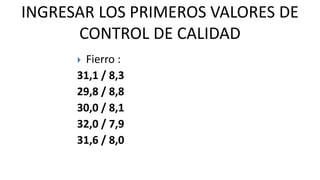 INGRESAR LOS PRIMEROS VALORES DE
CONTROL DE CALIDAD
 Fierro :
31,1 / 8,3
29,8 / 8,8
30,0 / 8,1
32,0 / 7,9
31,6 / 8,0
 