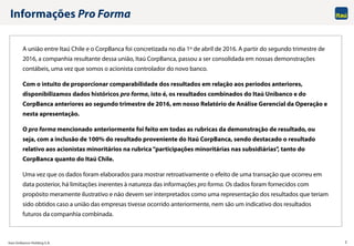 Itaú Unibanco Holding S.A. 2
Informações Pro Forma
A união entre Itaú Chile e o CorpBanca foi concretizada no dia 1º de abril de 2016. A partir do segundo trimestre de
2016, a companhia resultante dessa união, Itaú CorpBanca, passou a ser consolidada em nossas demonstrações
contábeis, uma vez que somos o acionista controlador do novo banco.
Com o intuito de proporcionar comparabilidade dos resultados em relação aos períodos anteriores,
disponibilizamos dados históricos pro forma, isto é, os resultados combinados do Itaú Unibanco e do
CorpBanca anteriores ao segundo trimestre de 2016, em nosso Relatório de Análise Gerencial da Operação e
nesta apresentação.
O pro forma mencionado anteriormente foi feito em todas as rubricas da demonstração de resultado, ou
seja, com a inclusão de 100% do resultado proveniente do Itaú CorpBanca, sendo destacado o resultado
relativo aos acionistas minoritários na rubrica“participações minoritárias nas subsidiárias”, tanto do
CorpBanca quanto do Itaú Chile.
Uma vez que os dados foram elaborados para mostrar retroativamente o efeito de uma transação que ocorreu em
data posterior, há limitações inerentes à natureza das informações pro forma. Os dados foram fornecidos com
propósito meramente ilustrativo e não devem ser interpretados como uma representação dos resultados que teriam
sido obtidos caso a união das empresas tivesse ocorrido anteriormente, nem são um indicativo dos resultados
futuros da companhia combinada.
 