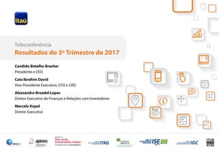 23
Teleconferência
Resultados do 3º Trimestre de 2017
Candido Botelho Bracher
Presidente e CEO
Caio Ibrahim David
Vice-Presidente Executivo, CFO e CRO
Alexsandro Broedel Lopes
Diretor Executivo de Finanças e Relações com Investidores
Marcelo Kopel
Diretor Executivo
 