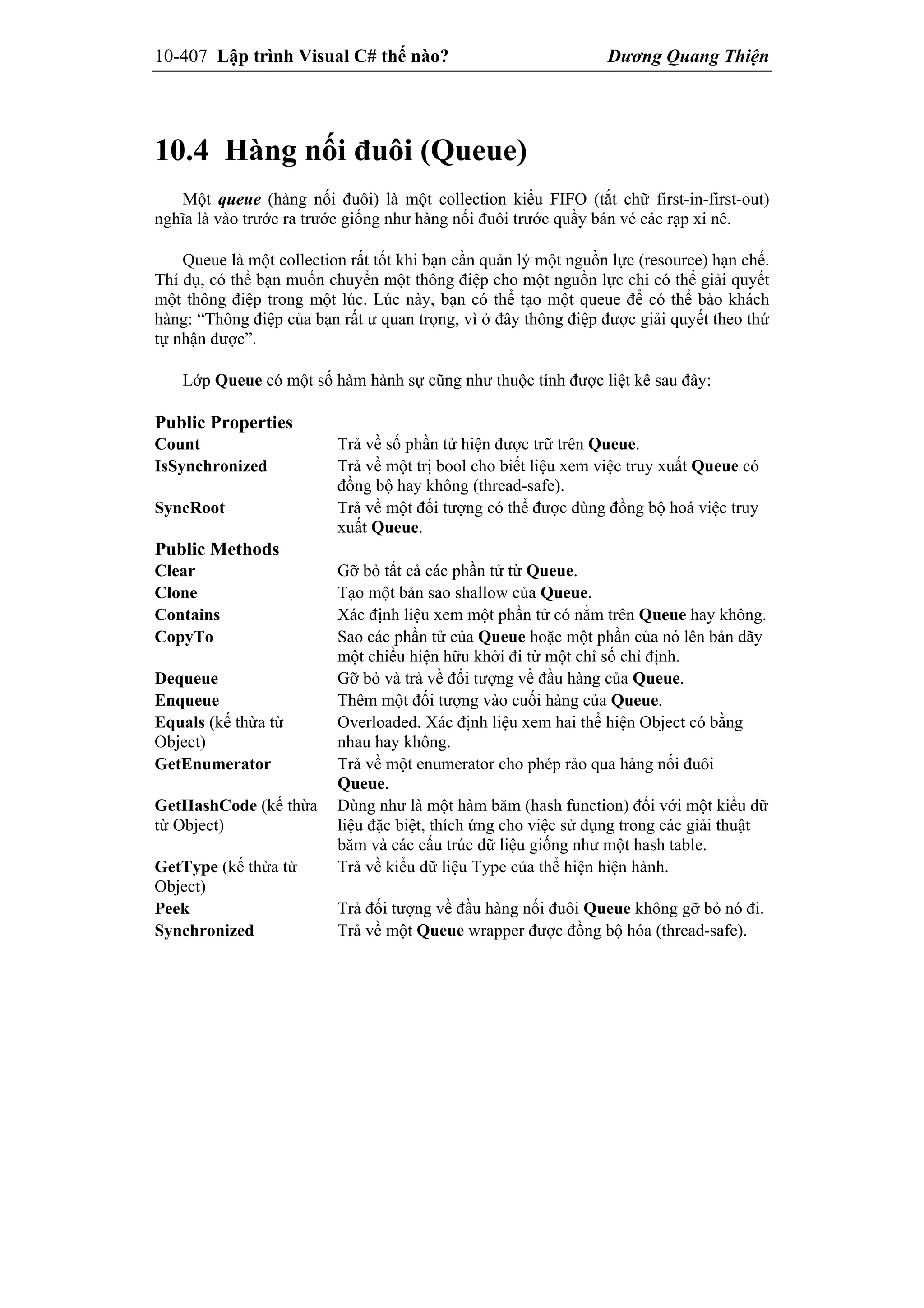 10-407 Lập trình Visual C# thế nào? Dương Quang Thiện
10.4 Hàng nối đuôi (Queue)
Một queue (hàng nối đuôi) là một collection kiểu FIFO (tắt chữ first-in-first-out)
nghĩa là vào trước ra trước giống như hàng nối đuôi trước quầy bán vé các rạp xi nê.
Queue là một collection rất tốt khi bạn cần quản lý một nguồn lực (resource) hạn chế.
Thí dụ, có thể bạn muốn chuyển một thông điệp cho một nguồn lực chỉ có thể giải quyết
một thông điệp trong một lúc. Lúc này, bạn có thể tạo một queue để có thể bảo khách
hàng: “Thông điệp của bạn rất ư quan trọng, vì ở đây thông điệp được giải quyết theo thứ
tự nhận được”.
Lớp Queue có một số hàm hành sự cũng như thuộc tính được liệt kê sau đây:
Public Properties
Count Trả về số phần tử hiện được trữ trên Queue.
IsSynchronized Trả về một trị bool cho biết liệu xem việc truy xuất Queue có
đồng bộ hay không (thread-safe).
SyncRoot Trả về một đối tượng có thể được dùng đồng bộ hoá việc truy
xuất Queue.
Public Methods
Clear Gỡ bỏ tất cả các phần tử từ Queue.
Clone Tạo một bản sao shallow của Queue.
Contains Xác định liệu xem một phần tử có nằm trên Queue hay không.
CopyTo Sao các phần tử của Queue hoặc một phần của nó lên bản dãy
một chiều hiện hữu khởi đi từ một chỉ số chỉ định.
Dequeue Gỡ bỏ và trả về đối tượng về đầu hàng của Queue.
Enqueue Thêm một đối tượng vào cuối hàng của Queue.
Equals (kế thừa từ
Object)
Overloaded. Xác định liệu xem hai thể hiện Object có bằng
nhau hay không.
GetEnumerator Trả về một enumerator cho phép rảo qua hàng nối đuôi
Queue.
GetHashCode (kế thừa
từ Object)
Dùng như là một hàm băm (hash function) đối với một kiểu dữ
liệu đặc biệt, thích ứng cho việc sử dụng trong các giải thuật
băm và các cấu trúc dữ liệu giống như một hash table.
GetType (kế thừa từ
Object)
Trả về kiểu dữ liệu Type của thể hiện hiện hành.
Peek Trả đối tượng về đầu hàng nối đuôi Queue không gỡ bỏ nó đi.
Synchronized Trả về một Queue wrapper được đồng bộ hóa (thread-safe).
 
