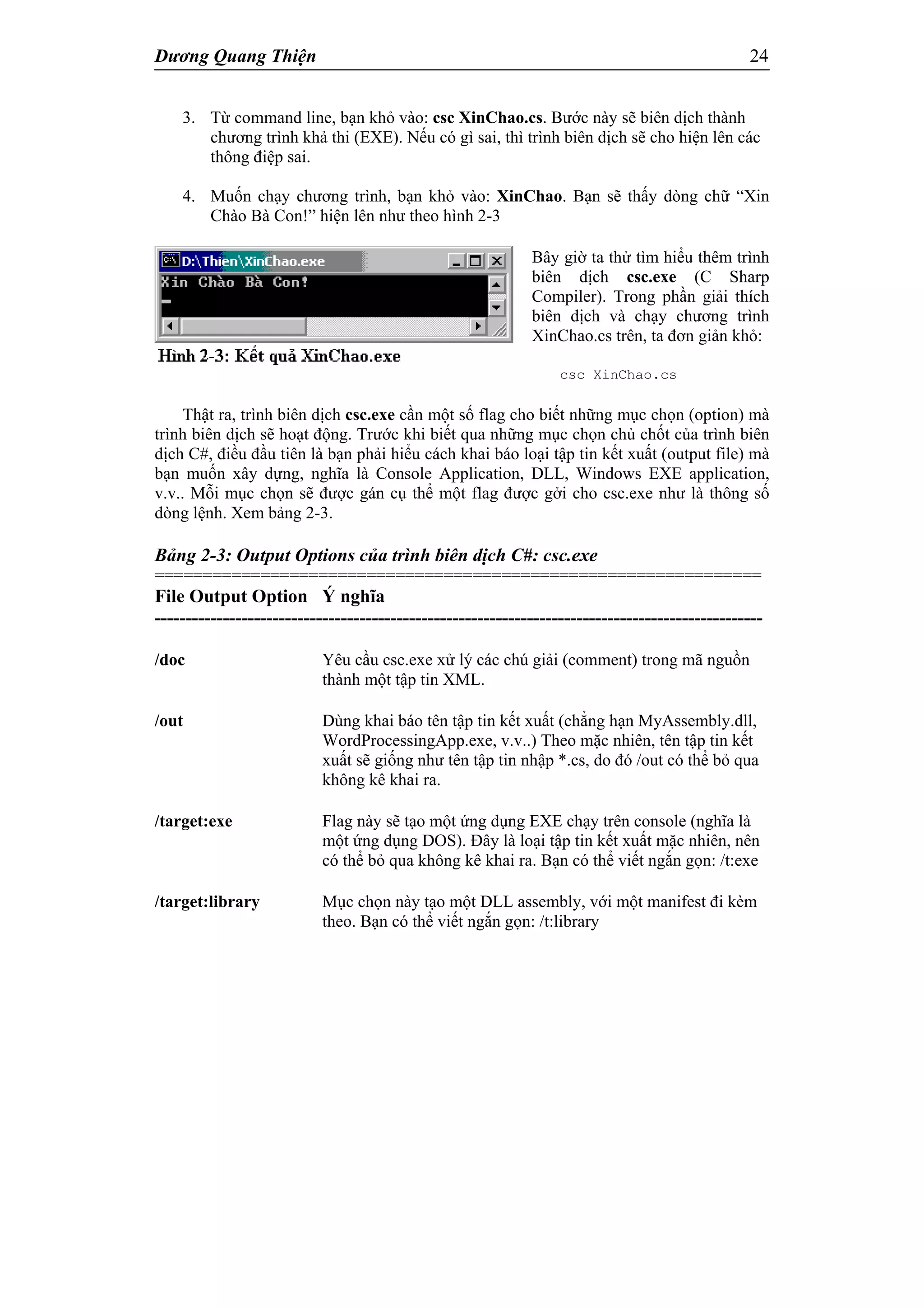 Dương Quang Thiện 24
3. Từ command line, bạn khỏ vào: csc XinChao.cs. Bước này sẽ biên dịch thành
chương trình khả thi (EXE). Nếu có gì sai, thì trình biên dịch sẽ cho hiện lên các
thông điệp sai.
4. Muốn chạy chương trình, bạn khỏ vào: XinChao. Bạn sẽ thấy dòng chữ “Xin
Chào Bà Con!” hiện lên như theo hình 2-3
Bây giờ ta thử tìm hiểu thêm trình
biên dịch csc.exe (C Sharp
Compiler). Trong phần giải thích
biên dịch và chạy chương trình
XinChao.cs trên, ta đơn giản khỏ:
csc XinChao.cs
Thật ra, trình biên dịch csc.exe cần một số flag cho biết những mục chọn (option) mà
trình biên dịch sẽ hoạt động. Trước khi biết qua những mục chọn chủ chốt của trình biên
dịch C#, điều đầu tiên là bạn phải hiểu cách khai báo loại tập tin kết xuất (output file) mà
bạn muốn xây dựng, nghĩa là Console Application, DLL, Windows EXE application,
v.v.. Mỗi mục chọn sẽ được gán cụ thể một flag được gởi cho csc.exe như là thông số
dòng lệnh. Xem bảng 2-3.
Bảng 2-3: Output Options của trình biên dịch C#: csc.exe
===============================================================
File Output Option Ý nghĩa
--------------------------------------------------------------------------------------------------
/doc Yêu cầu csc.exe xử lý các chú giải (comment) trong mã nguồn
thành một tập tin XML.
/out Dùng khai báo tên tập tin kết xuất (chẳng hạn MyAssembly.dll,
WordProcessingApp.exe, v.v..) Theo mặc nhiên, tên tập tin kết
xuất sẽ giống như tên tập tin nhập *.cs, do đó /out có thể bỏ qua
không kê khai ra.
/target:exe Flag này sẽ tạo một ứng dụng EXE chạy trên console (nghĩa là
một ứng dụng DOS). Đây là loại tập tin kết xuất mặc nhiên, nên
có thể bỏ qua không kê khai ra. Bạn có thể viết ngắn gọn: /t:exe
/target:library Mục chọn này tạo một DLL assembly, với một manifest đi kèm
theo. Bạn có thể viết ngắn gọn: /t:library
 