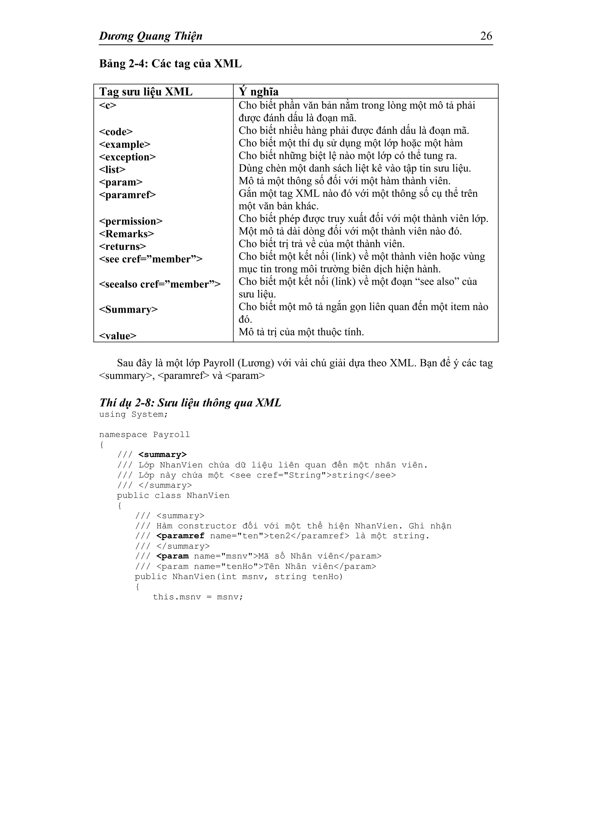 Dương Quang Thiện 26
Bảng 2-4: Các tag của XML
Tag sưu liệu XML Ý nghĩa
<c>
<code>
<example>
<exception>
<list>
<param>
<paramref>
<permission>
<Remarks>
<returns>
<see cref=”member”>
<seealso cref=”member”>
<Summary>
<value>
Cho biết phần văn bản nằm trong lòng một mô tả phải
được đánh dấu là đoạn mã.
Cho biết nhiều hàng phải được đánh dấu là đoạn mã.
Cho biết một thí dụ sử dụng một lớp hoặc một hàm
Cho biết những biệt lệ nào một lớp có thể tung ra.
Dùng chèn một danh sách liệt kê vào tập tin sưu liệu.
Mô tả một thông số đối với một hàm thành viên.
Gắn một tag XML nào đó với một thông số cụ thể trên
một văn bản khác.
Cho biết phép được truy xuất đối với một thành viên lớp.
Một mô tả dài dòng đối với một thành viên nào đó.
Cho biết trị trả về của một thành viên.
Cho biết một kết nối (link) về một thành viên hoặc vùng
mục tin trong môi trường biên dịch hiện hành.
Cho biết một kết nối (link) về một đoạn “see also” của
sưu liệu.
Cho biết một mô tả ngắn gọn liên quan đến một item nào
đó.
Mô tả trị của một thuộc tính.
Sau đây là một lớp Payroll (Lương) với vài chú giải dựa theo XML. Bạn để ý các tag
<summary>, <paramref> và <param>
Thí dụ 2-8: Sưu liệu thông qua XML
using System;
namespace Payroll
{
/// <summary>
/// Lớp NhanVien chứa dữ liệu liên quan đến một nhân viên.
/// Lớp này chứa một <see cref="String">string</see>
/// </summary>
public class NhanVien
{
/// <summary>
/// Hàm constructor đối với một thể hiện NhanVien. Ghi nhận
/// <paramref name="ten">ten2</paramref> là một string.
/// </summary>
/// <param name="msnv">Mã số Nhân viên</param>
/// <param name="tenHo">Tên Nhân viên</param>
public NhanVien(int msnv, string tenHo)
{
this.msnv = msnv;
 