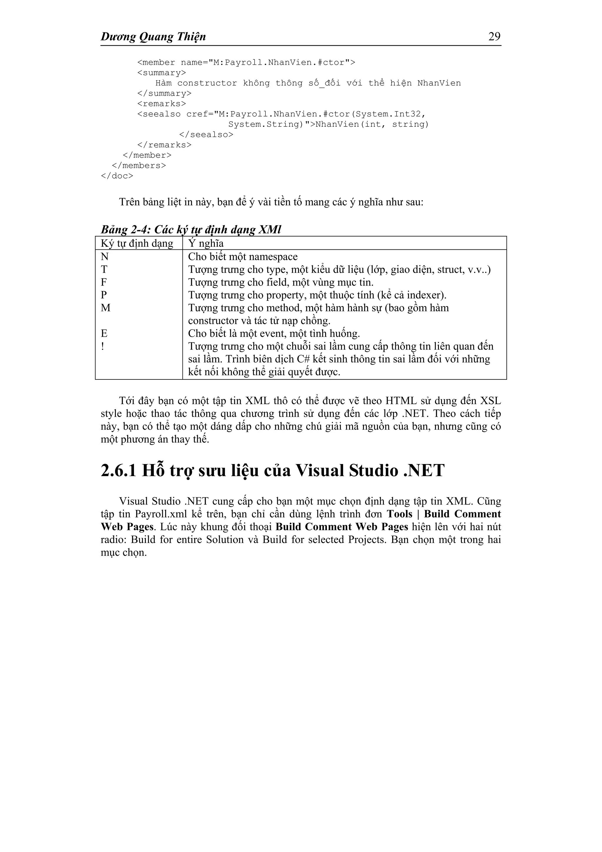 Dương Quang Thiện 29
<member name="M:Payroll.NhanVien.#ctor">
<summary>
Hàm constructor không thông số_đối với thể hiện NhanVien
</summary>
<remarks>
<seealso cref="M:Payroll.NhanVien.#ctor(System.Int32,
System.String)">NhanVien(int, string)
</seealso>
</remarks>
</member>
</members>
</doc>
Trên bảng liệt in này, bạn để ý vài tiền tố mang các ý nghĩa như sau:
Bảng 2-4: Các ký tự định dạng XMl
Ký tự định dạng Ý nghĩa
N
T
F
P
M
E
!
Cho biết một namespace
Tượng trưng cho type, một kiểu dữ liệu (lớp, giao diện, struct, v.v..)
Tượng trưng cho field, một vùng mục tin.
Tượng trưng cho property, một thuộc tính (kể cả indexer).
Tượng trưng cho method, một hàm hành sự (bao gồm hàm
constructor và tác tử nạp chồng.
Cho biết là một event, một tình huống.
Tượng trưng cho một chuỗi sai lầm cung cấp thông tin liên quan đến
sai lầm. Trình biên dịch C# kết sinh thông tin sai lầm đối với những
kết nối không thể giải quyết được.
Tới đây bạn có một tập tin XML thô có thể được vẽ theo HTML sử dụng đến XSL
style hoặc thao tác thông qua chương trình sử dụng đến các lớp .NET. Theo cách tiếp
này, bạn có thể tạo một dáng dấp cho những chú giải mã nguồn của bạn, nhưng cũng có
một phương án thay thế.
2.6.1 Hỗ trợ sưu liệu của Visual Studio .NET
Visual Studio .NET cung cấp cho bạn một mục chọn định dạng tập tin XML. Cũng
tập tin Payroll.xml kể trên, bạn chỉ cần dùng lệnh trình đơn Tools | Build Comment
Web Pages. Lúc này khung đối thoại Build Comment Web Pages hiện lên với hai nút
radio: Build for entire Solution và Build for selected Projects. Bạn chọn một trong hai
mục chọn.
 