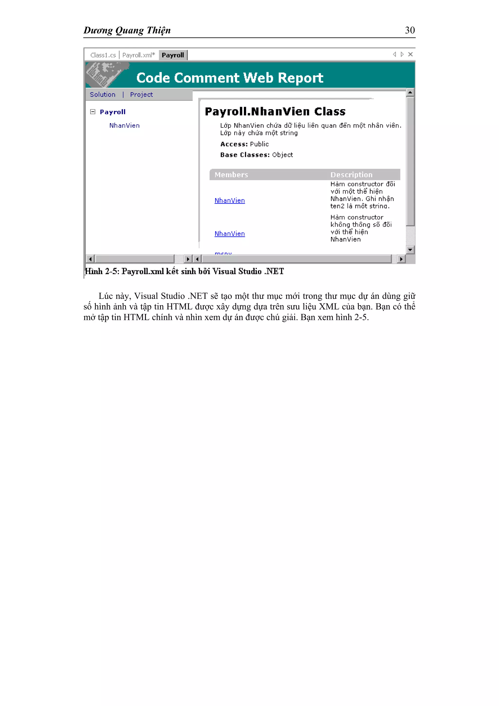 Dương Quang Thiện 30
Lúc này, Visual Studio .NET sẽ tạo một thư mục mới trong thư mục dự án dùng giữ
số hình ảnh và tập tin HTML được xây dựng dựa trên sưu liệu XML của bạn. Bạn có thể
mở tập tin HTML chính và nhìn xem dự án được chú giải. Bạn xem hình 2-5.
 