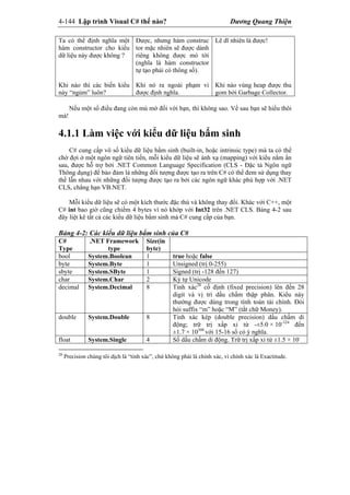 4-144 Lập trình Visual C# thế nào? Dương Quang Thiện
Ta có thể định nghĩa một
hàm constructor cho kiểu
dữ liệu này được không ?
Khi nào thì các biến kiểu
này “ngủm” luôn?
Được, nhưng hàm construc
tor mặc nhiên sẽ được dành
riêng không được mó tới
(nghĩa là hàm constructor
tự tạo phải có thông số).
Khi nó ra ngoài phạm vi
được định nghĩa.
Lẽ dĩ nhiên là được!
Khi nào vùng heap được thu
gom bởi Garbage Collector.
Nếu một số điều đang còn mù mờ đối với bạn, thì không sao. Về sau bạn sẽ hiểu thôi
mà!
4.1.1 Làm việc với kiểu dữ liệu bẩm sinh
C# cung cấp vô số kiểu dữ liệu bẩm sinh (built-in, hoặc intrinsic type) mà ta có thể
chờ đợi ở một ngôn ngữ tiên tiến, mỗi kiểu dữ liệu sẽ ánh xạ (mapping) với kiểu nằm ẩn
sau, được hỗ trợ bởi .NET Common Language Specification (CLS - Đặc tả Ngôn ngữ
Thông dụng) để bảo đảm là những đối tượng được tạo ra trên C# có thể đem sử dụng thay
thế lẫn nhau với những đối tượng được tạo ra bởi các ngôn ngữ khác phù hợp với .NET
CLS, chẳng hạn VB.NET.
Mỗi kiểu dữ liệu sẽ có một kích thước đặc thù và không thay đổi. Khác với C++, một
C# int bao giờ cũng chiếm 4 bytes vì nó khớp với Int32 trên .NET CLS. Bảng 4-2 sau
đây liệt kê tất cả các kiểu dữ liệu bẩm sinh mà C# cung cấp của bạn.
Bảng 4-2: Các kiểu dữ liệu bẩm sinh của C#
C#
Type
.NET Framework
type
Size(in
byte)
bool System.Boolean 1 true hoặc false
byte System.Byte 1 Unsigned (trị 0-255)
sbyte System.SByte 1 Signed (trị -128 đến 127)
char System.Char 2 Ký tự Unicode
decimal System.Decimal 8 Tinh xác28
cố định (fixed precision) lên đến 28
digit và vị trí dấu chấm thập phân. Kiểu này
thường được dùng trong tính toán tài chính. Đòi
hỏi suffix “m” hoặc “M” (tắt chữ Money).
double System.Double 8 Tinh xác kép (double precision) dấu chấm di
động; trữ trị xấp xỉ từ -±5.0 × 10-324
đến
±1.7 × 10308
với 15-16 số có ý nghĩa.
float System.Single 4 Số dấu chấm di động. Trữ trị xấp xỉ từ ±1.5 × 10-
28
Precision chúng tôi dịch là “tinh xác”, chứ không phải là chính xác, vì chính xác là Exactitude.
 