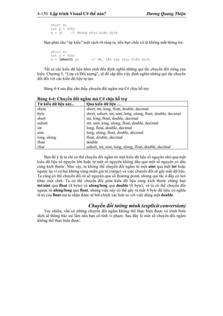 4-150 Lập trình Visual C# thế nào? Dương Quang Thiện
short x;
int y = 500;
x = y; // không chịu biên dịch
Bạn phải cho “ép kiểu” một cách rõ ràng ra, nếu bạn chắc cú là không mất thông tin:
short x;
int y = 500;
x = (short) y; // OK, lần này chịu biên dịch
Tất cả các kiểu dữ liệu bẩm sinh đều định nghĩa những qui tắc chuyển đổi riêng của
kiểu. Chương 5, “Lớp và Đối tượng”, sẽ đề cập đến việc định nghĩa những qui tắc chuyển
đổi đối với các kiểu dữ liệu tự tạo.
Bảng 4-4 sau đây cho thấy chuyển đổi ngầm mà C# chịu hỗ trợ:
Bảng 4-4: Chuyển đổi ngầm mà C# chịu hỗ trợ
Từ kiểu dữ liệu này.. Qua kiểu dữ liệu …
sbyte
byte
short
ushort
int
uint
long, ulong
float
char
short, int, long, float, double, decimal
short, ushort, int, uint, long, ulong, float, double, decimal
int, long, float, double, decimal
int, uint, long, ulong, float, double, decimal
long, float, double, decimal
long, ulong, float, double, decimal
float, double, decimal
double
ushort, int, uint, long, ulong, float, double, decimal
Bạn để ý là ta chỉ có thể chuyển đổi ngầm từ một kiểu dữ liệu số nguyên nhỏ qua một
kiểu dữ liệu số nguyên lớn hoặc từ một số nguyên không dấu qua một số nguyên có dấu
cùng kích thước. Như vậy, ta không thể chuyển đổi ngầm từ một uint qua một int hoặc
ngược lại vì cả hai không cùng miền giá trị (range) và việc chuyển đổi sẽ gây mất dữ liệu.
Ta cũng có thể chuyển đổi từ số nguyên qua số floating point, nhưng qui tắc ở đây có hơi
khác một chút. Ta có thể chuyển đổi giữa kiểu dữ liệu cùng kích thước chẳng hạn
int/uint qua float (4 byte) và ulong/long qua double (8 byte), và ta có thể chuyển đổi
ngược từ ulong/long qua float, nhưng việc này có thể gây ra mất 4 byte dữ liệu, có nghĩa
là trị của float mà ta nhận được sẽ bớt chính xác hơn so với việc dùng một double.
Chuyển đổi tường minh (explicit conversion)
Tuy nhiên, vẫn có những chuyển đổi ngầm không thể thực hiện được và trình biên
dịch sẽ thông báo sai lầm nếu bạn cố tình vi phạm. Sau đây là một số chuyển đổi ngầm
không thể thực hiện được:
 